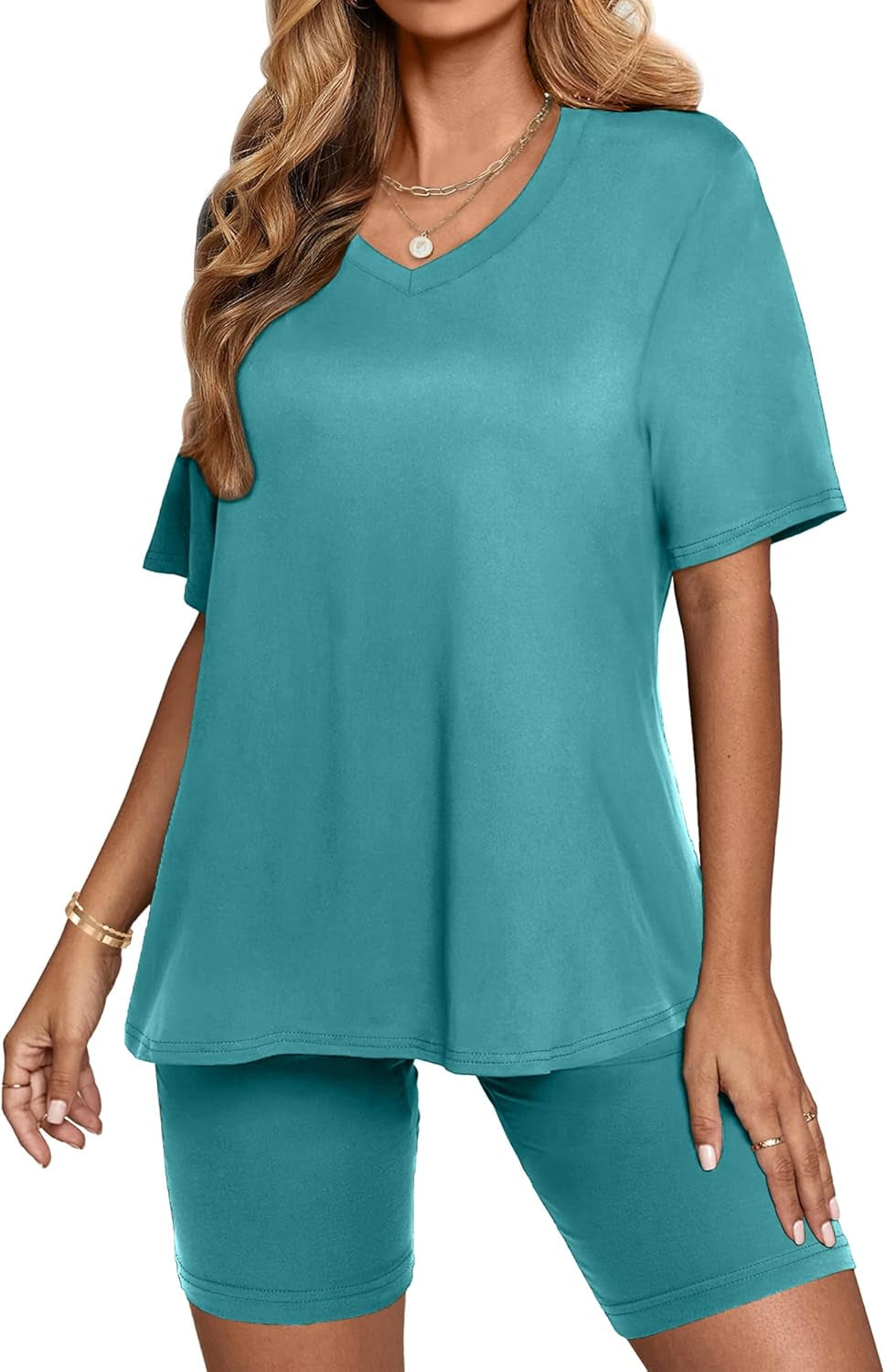 Two Piece Outfits for Women Summer V Neck T-Shirt Tops Biker Shorts Workout Sports Tracksuit