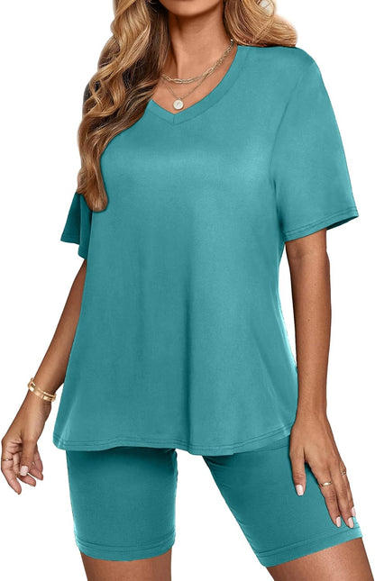 Two Piece Outfits for Women Summer V Neck T-Shirt Tops Biker Shorts Workout Sports Tracksuit