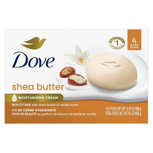 Beauty Bar Soap Shea Butter 4 Count for Nourished, Radiant Skin, Enriches Skin 3.75 Oz