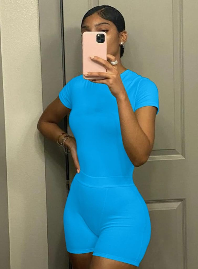 Two Piece Outfits for Women Fitted Crew Neck T-Shirt High Waist Leggings Biker Shorts Matching Sets Streetwear