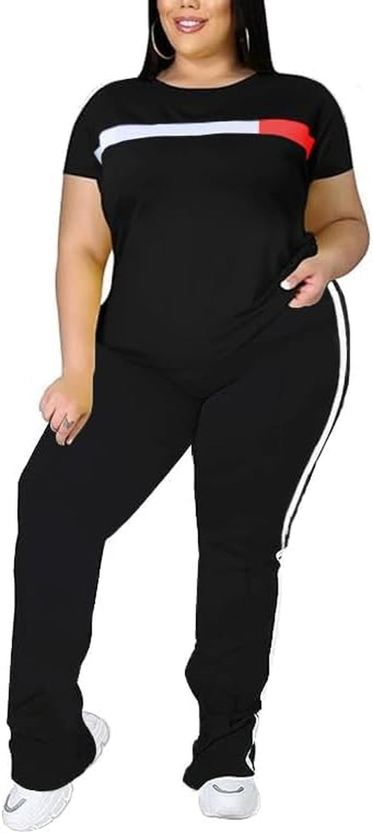 Women plus Size 2 Piece Sweatsuit Outfits Short Sleeve Shirts & Jogging Pants Track Suit Set