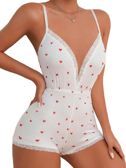 Women'S Sexy Heart Print V Neck Shorts Sleeveless One Piece Pajama Romper Onesie Bodycon Cami Sleepwear Overall
