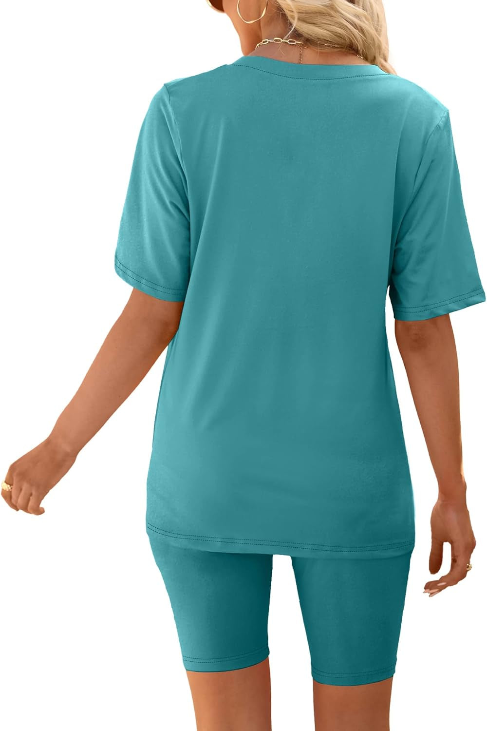 Two Piece Outfits for Women Summer V Neck T-Shirt Tops Biker Shorts Workout Sports Tracksuit