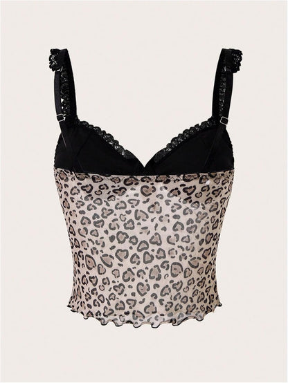 Women'S Y2K Leopard Print Camisole Mesh Tops Streetwear Women Lace Trim Sleeveless Cami Shirts Clubwear Crop Tops