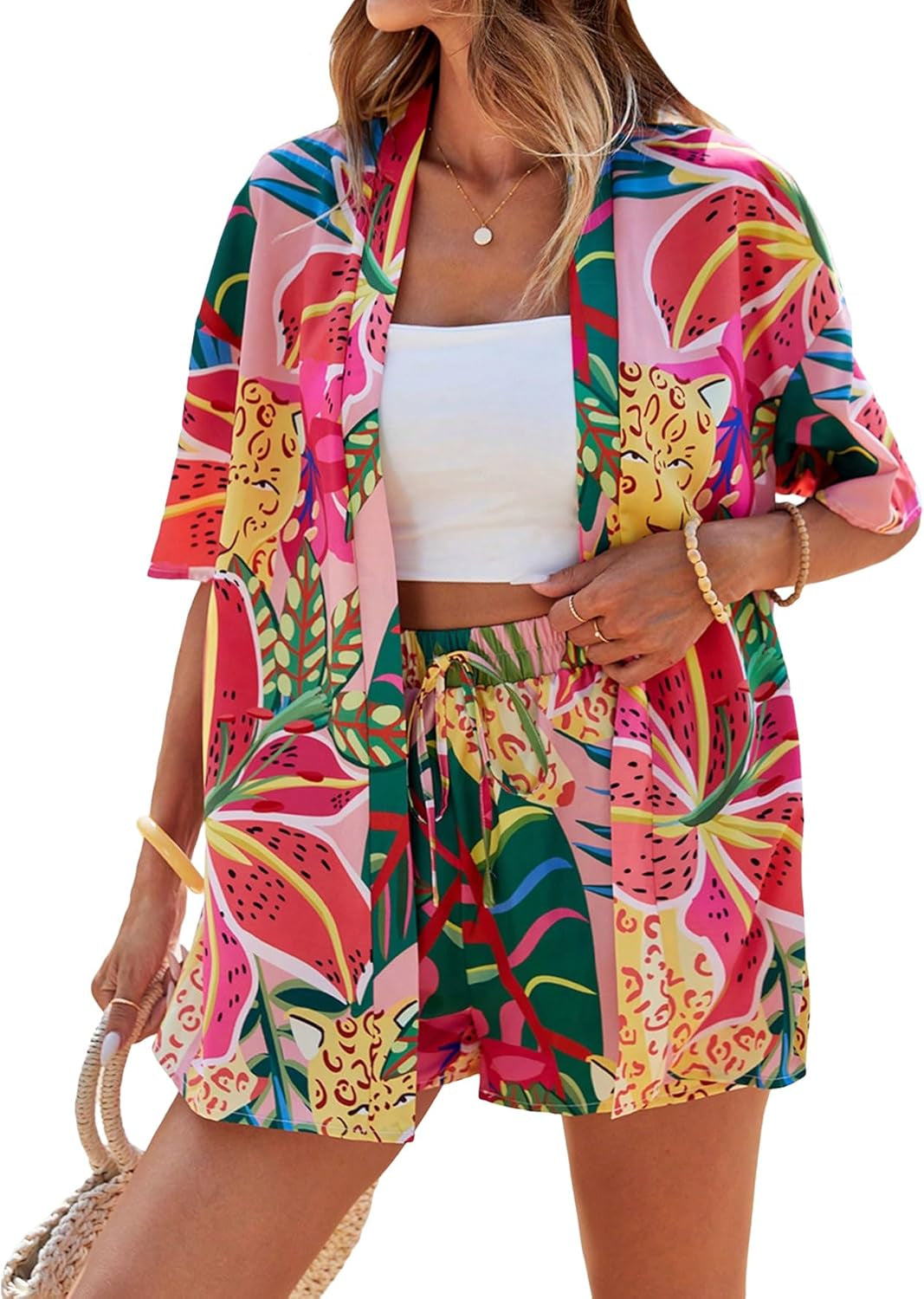 Women'S Summer 2 Piece Outfits Hawaiian Tropical Print Open Front Half Sleeve Kimono and Shorts Set