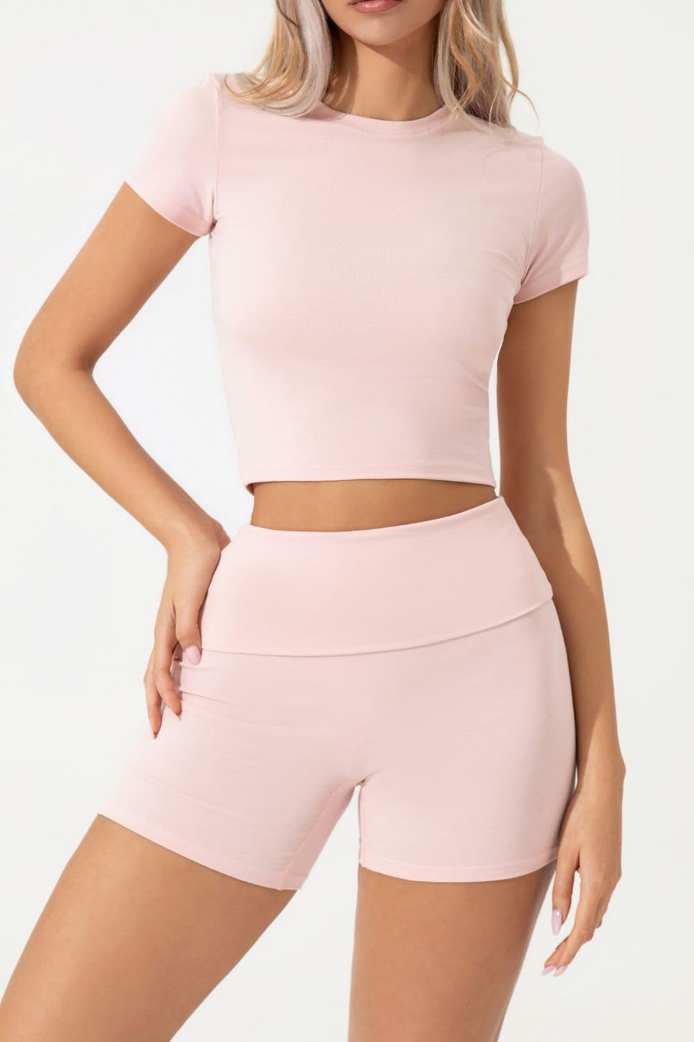 Women'S 2 Piece Outfits Lounge Sets Slim Fitted Short Sleeve Crop Tops Fold over Shorts Casual Comfy Trasuits