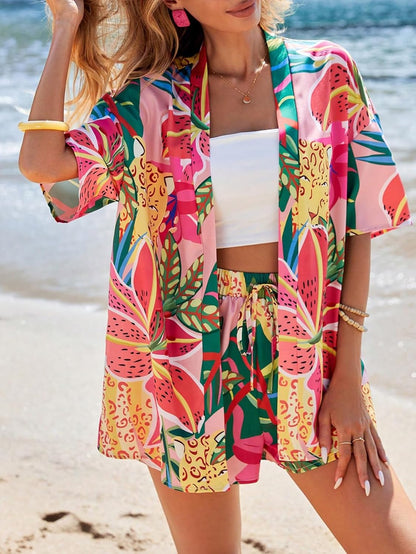 Women'S Summer 2 Piece Outfits Hawaiian Tropical Print Open Front Half Sleeve Kimono and Shorts Set