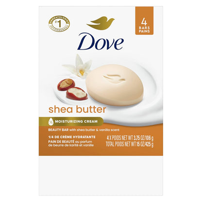Beauty Bar Soap Shea Butter 4 Count for Nourished, Radiant Skin, Enriches Skin 3.75 Oz
