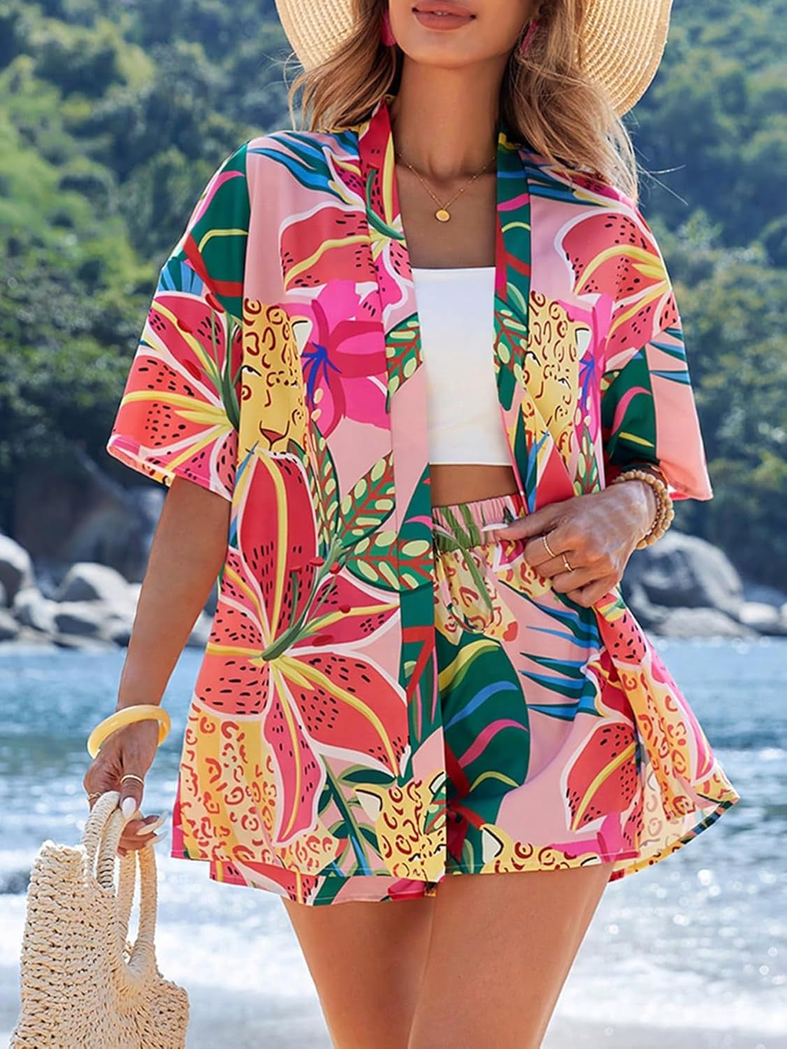 Women'S Summer 2 Piece Outfits Hawaiian Tropical Print Open Front Half Sleeve Kimono and Shorts Set