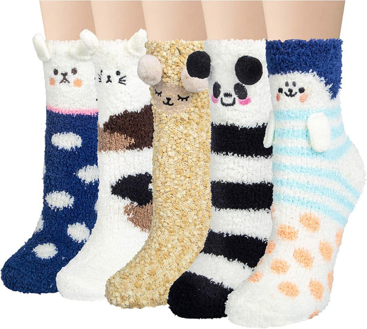 5 Pairs Fuzzy Socks for Women Soft Warm Slipper Socks Microfiber Cozy Socks Home Fluffy Christmas Socks(Navy)