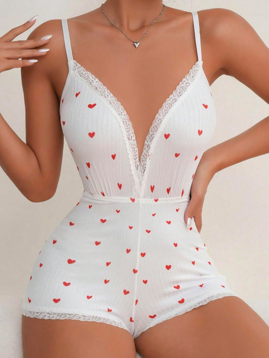 Women'S Sexy Heart Print V Neck Shorts Sleeveless One Piece Pajama Romper Onesie Bodycon Cami Sleepwear Overall