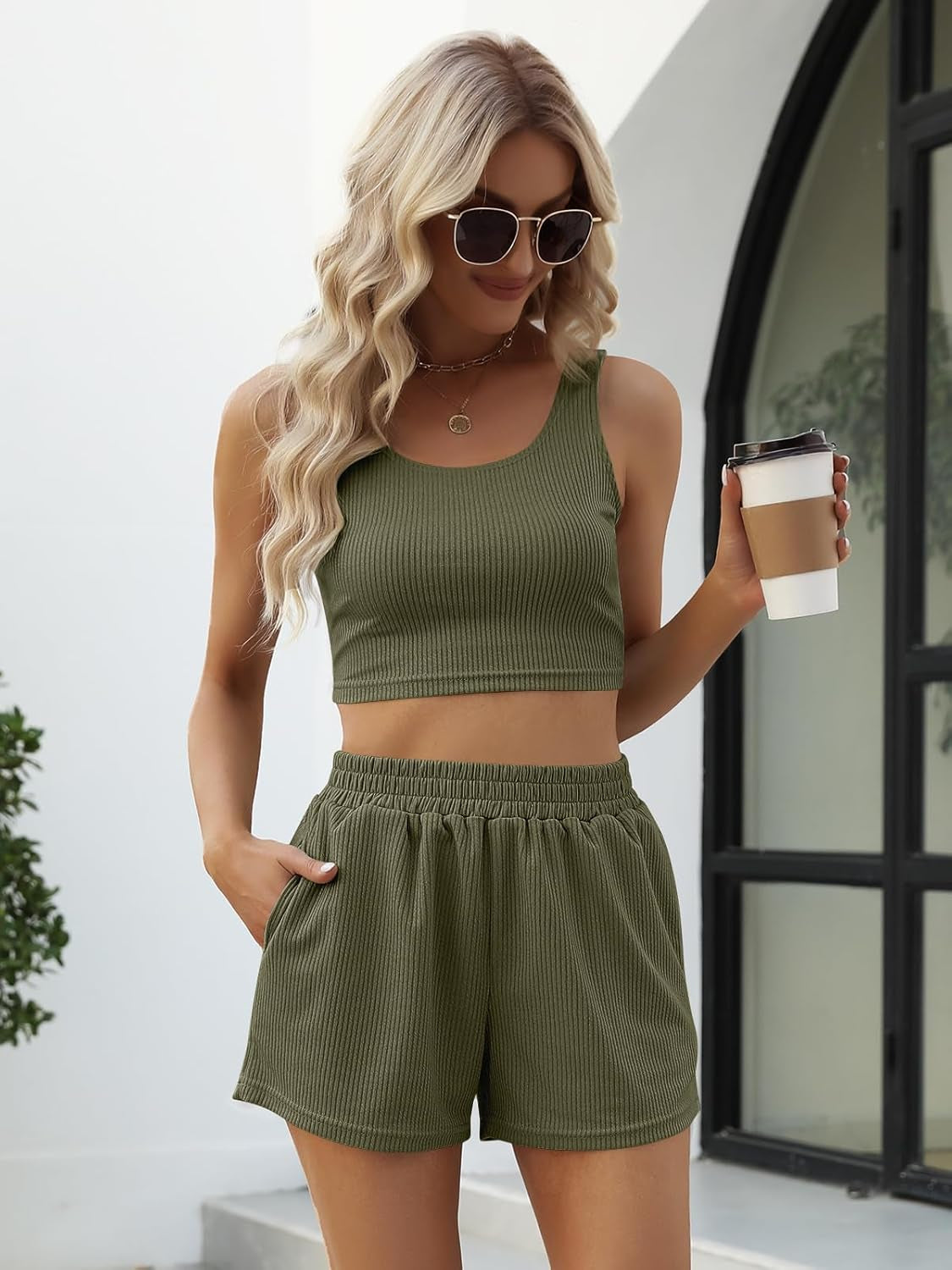 Two Piece Summer Outfits 2 Piece Sets 2025 Sleeveless Matching Lounge Crop Top High Waisted Short