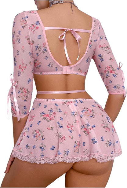 Women'S Lace Trim Floral Underwire Lingerie Sets Cute Sheer Babydoll Lingerie Skirts Chemise Sleepwear Set