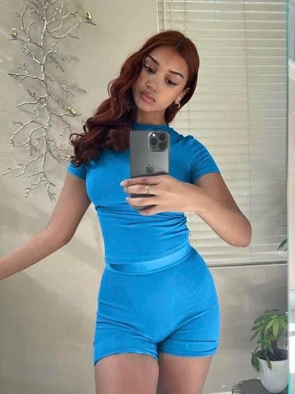 Two Piece Outfits for Women Fitted Crew Neck T-Shirt High Waist Leggings Biker Shorts Matching Sets Streetwear