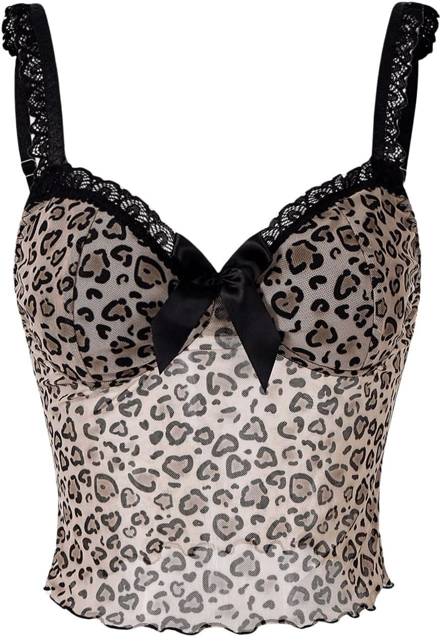 Women'S Y2K Leopard Print Camisole Mesh Tops Streetwear Women Lace Trim Sleeveless Cami Shirts Clubwear Crop Tops