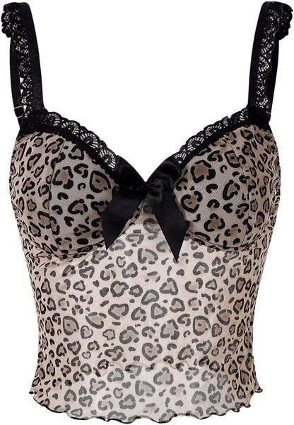 Women'S Y2K Leopard Print Camisole Mesh Tops Streetwear Women Lace Trim Sleeveless Cami Shirts Clubwear Crop Tops