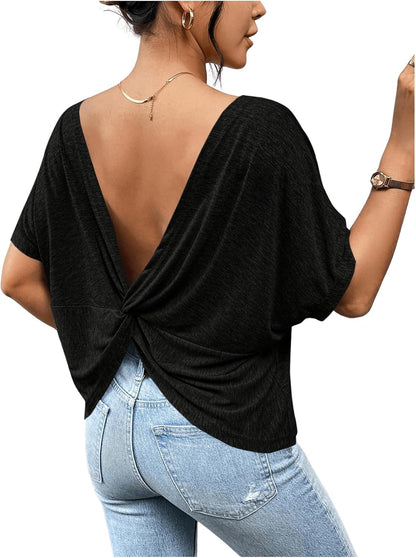 Women'S Backless Twist Knot T Shirt Oversized Solid Short Sleeve Tees Open Back Asymmetrical Hem Casual Tops Black Small