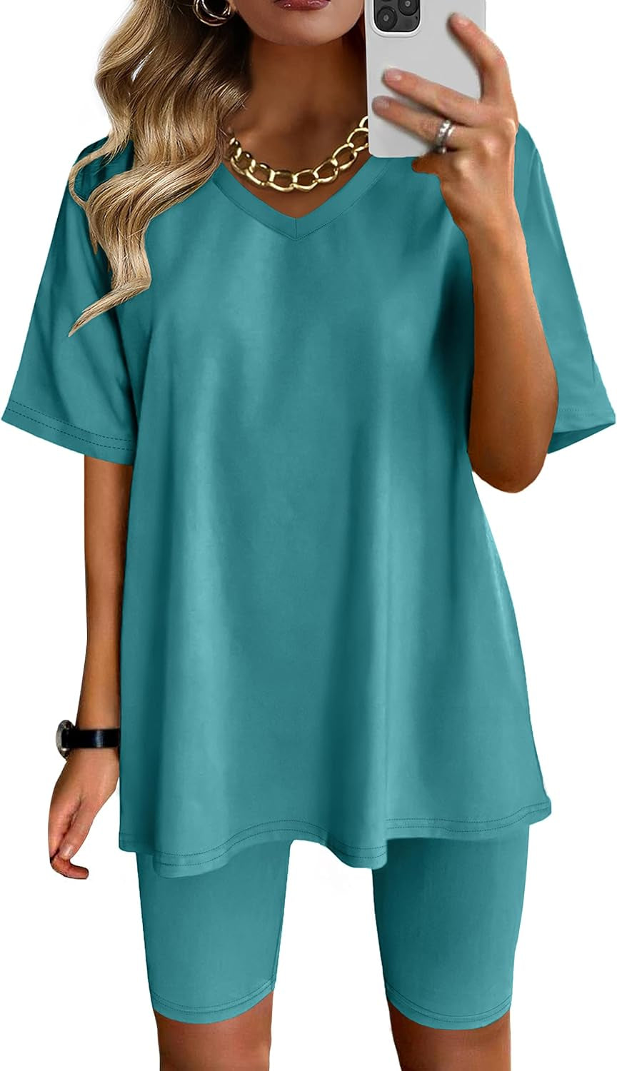 Two Piece Outfits for Women Summer V Neck T-Shirt Tops Biker Shorts Workout Sports Tracksuit