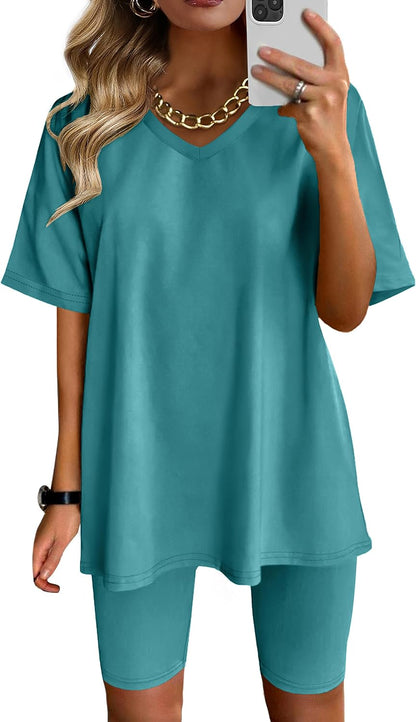 Two Piece Outfits for Women Summer V Neck T-Shirt Tops Biker Shorts Workout Sports Tracksuit