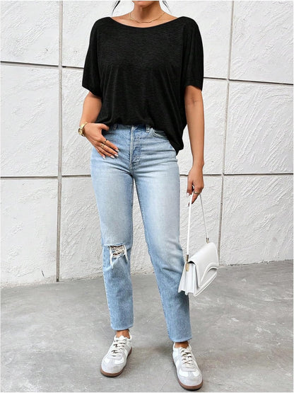 Women'S Backless Twist Knot T Shirt Oversized Solid Short Sleeve Tees Open Back Asymmetrical Hem Casual Tops Black Small