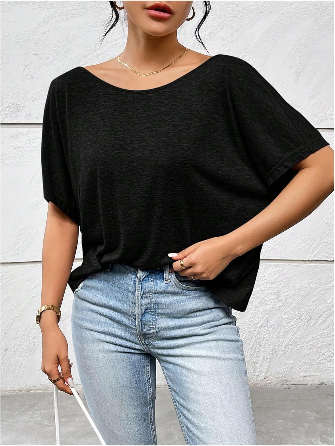 Women'S Backless Twist Knot T Shirt Oversized Solid Short Sleeve Tees Open Back Asymmetrical Hem Casual Tops Black Small
