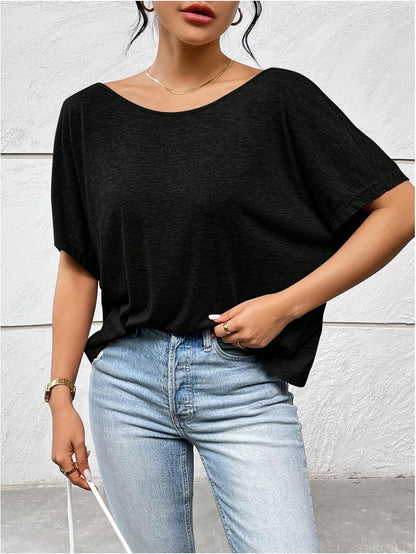 Women'S Backless Twist Knot T Shirt Oversized Solid Short Sleeve Tees Open Back Asymmetrical Hem Casual Tops Black Small