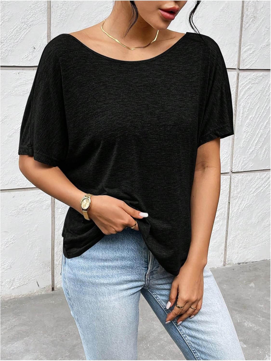 Women'S Backless Twist Knot T Shirt Oversized Solid Short Sleeve Tees Open Back Asymmetrical Hem Casual Tops Black Small