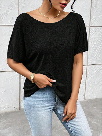 Women'S Backless Twist Knot T Shirt Oversized Solid Short Sleeve Tees Open Back Asymmetrical Hem Casual Tops Black Small