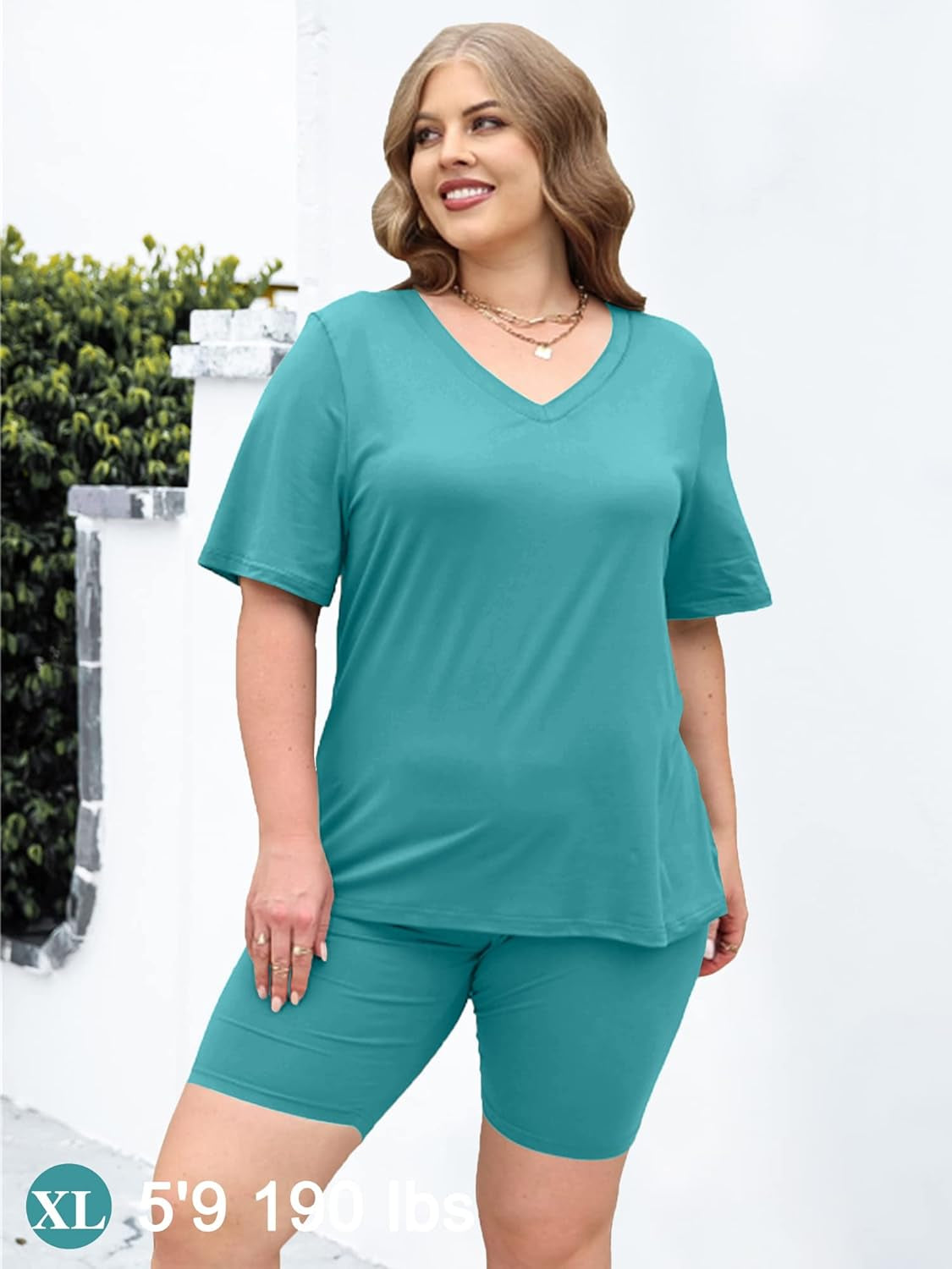 Two Piece Outfits for Women Summer V Neck T-Shirt Tops Biker Shorts Workout Sports Tracksuit