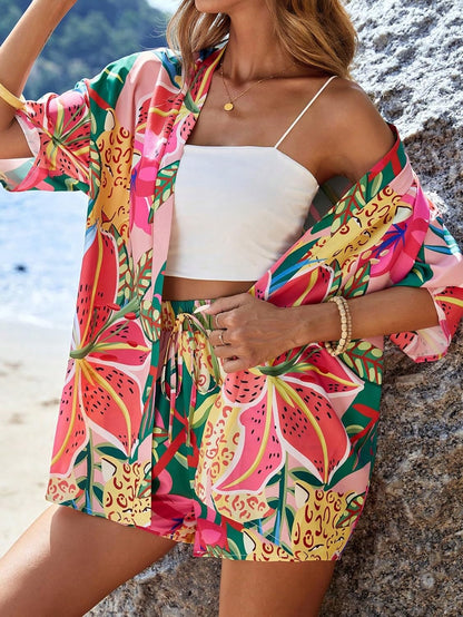 Women'S Summer 2 Piece Outfits Hawaiian Tropical Print Open Front Half Sleeve Kimono and Shorts Set