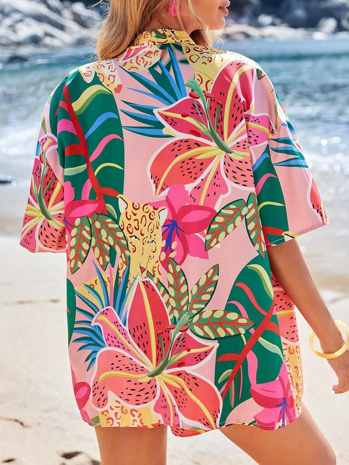 Women'S Summer 2 Piece Outfits Hawaiian Tropical Print Open Front Half Sleeve Kimono and Shorts Set