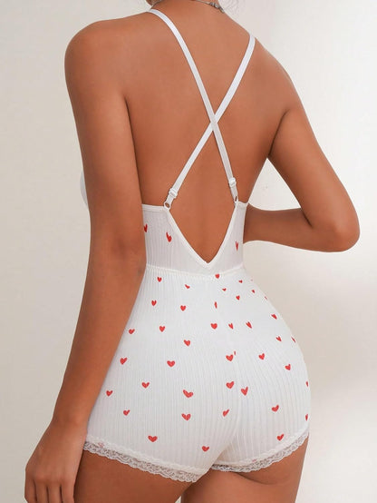 Women'S Sexy Heart Print V Neck Shorts Sleeveless One Piece Pajama Romper Onesie Bodycon Cami Sleepwear Overall